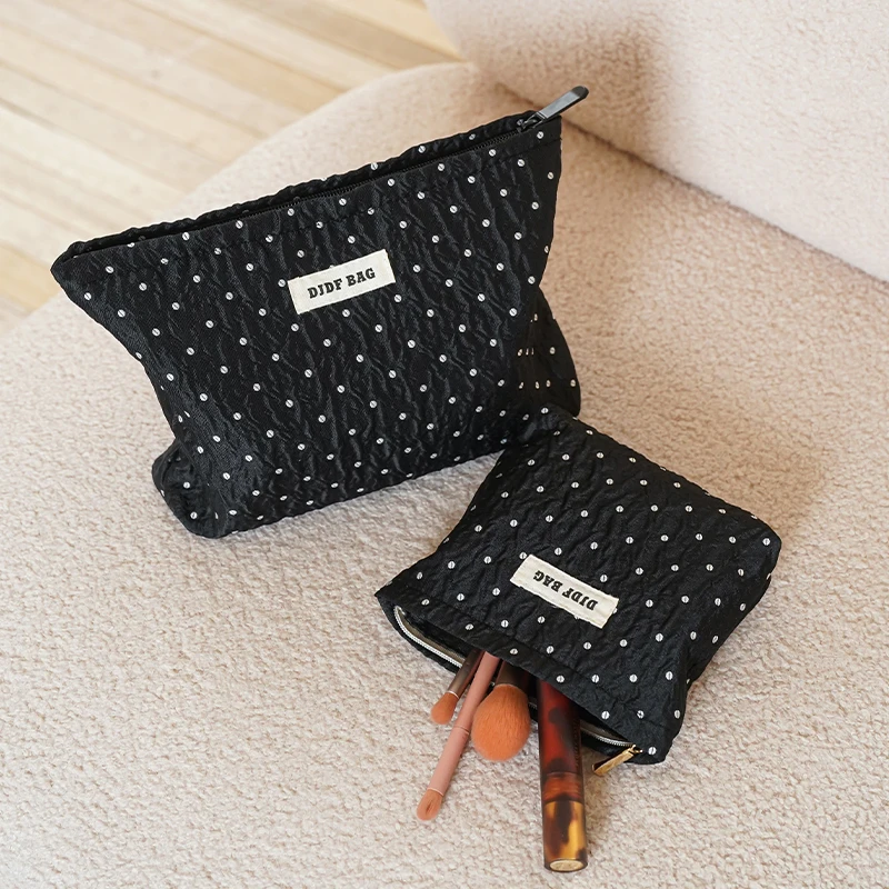 

Black Background White Dot Women's Makeup Bag Large Capacity Cosmetics Lipstick Storage Bag Travel Toiletry Bag Commuter Clutch