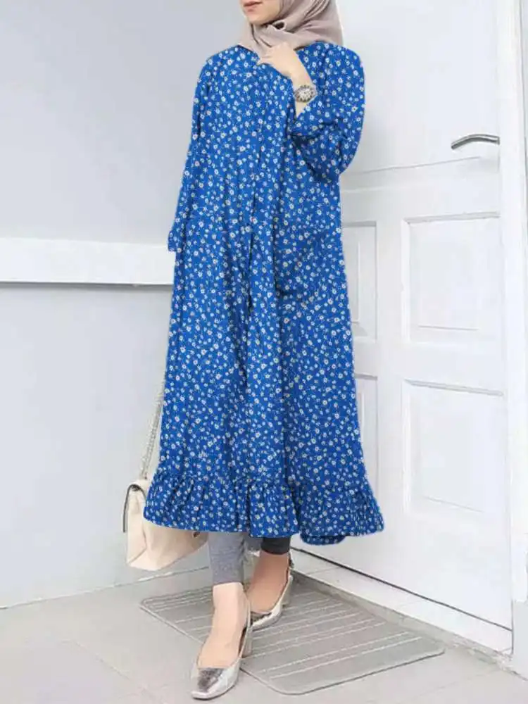 

ZANZEA Elegant Floral Print Islamic Midi Dress Women Muslim Fashion O Neck Button Up Ruffled Hem Vestidos Casual Abaya Robes