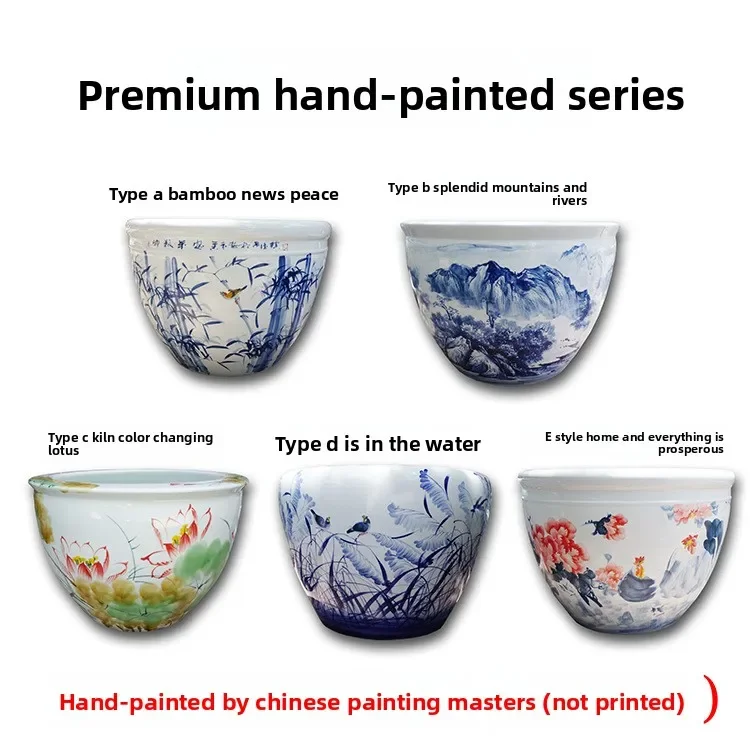 خزان أسماك سيراميك 1 متر مرسومة يدويًا باللونين الأزرق والأبيض حوض سمكة ذهبية خزان اللوتس لوتس السلحفاة متر واحد كبير جدًا #2