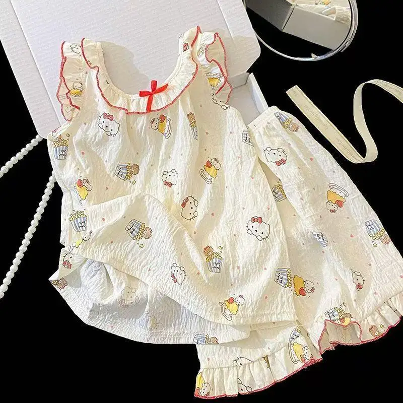 

Летний пижамный комплект Sanrio Kuromi, детский милый тонкий пижамный комплект без рукавов для девочек с героями мультфильмов, новый стиль, Kawaii, повседневная удобная свободная домашняя одежда