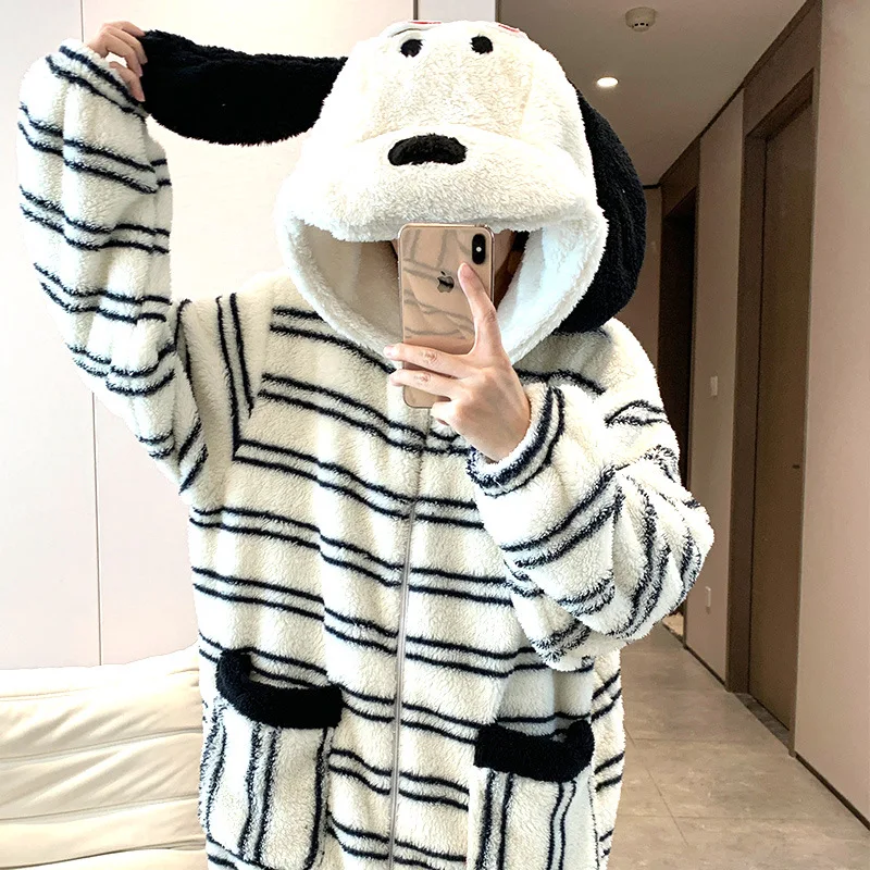 

Cartoon Girl Conjoined Robe Autumn Winter Flannel Cute Puppy Hooded Homewear Pajamas Keep Warm Sleepwear Coral Fleece Nightwear