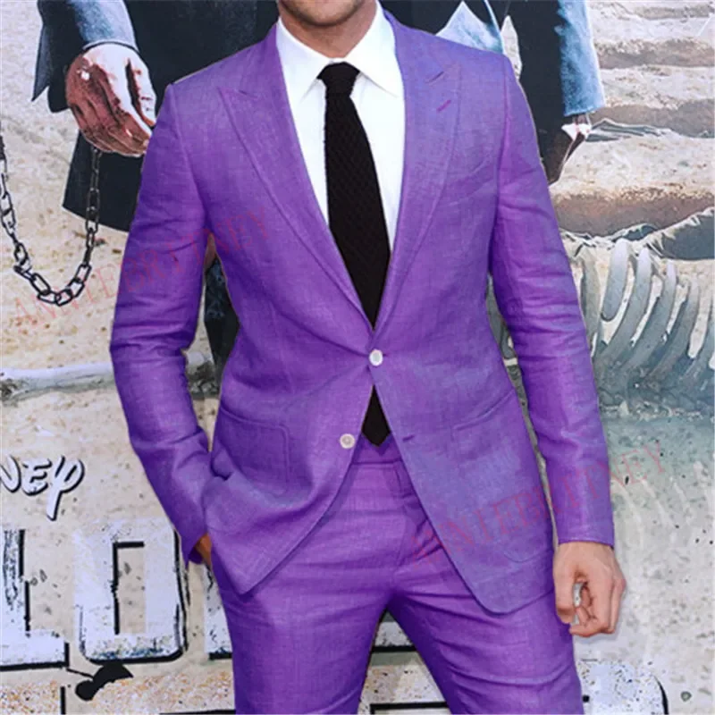 

2024 Summer Linen Purple Latest Elegant Men Suit Casual Slim Fit Blazers Hombre High Quality Custom 2 Piece Set Costume Homme