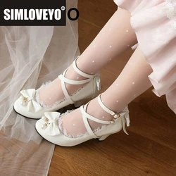 SIMLOVEYO Ladies Pumps Lolita Style Pointed Toe Block Heel 7cm Corssover Buckle Strap Bowknot Pearls Small Size 28 29 Sweet Shoe