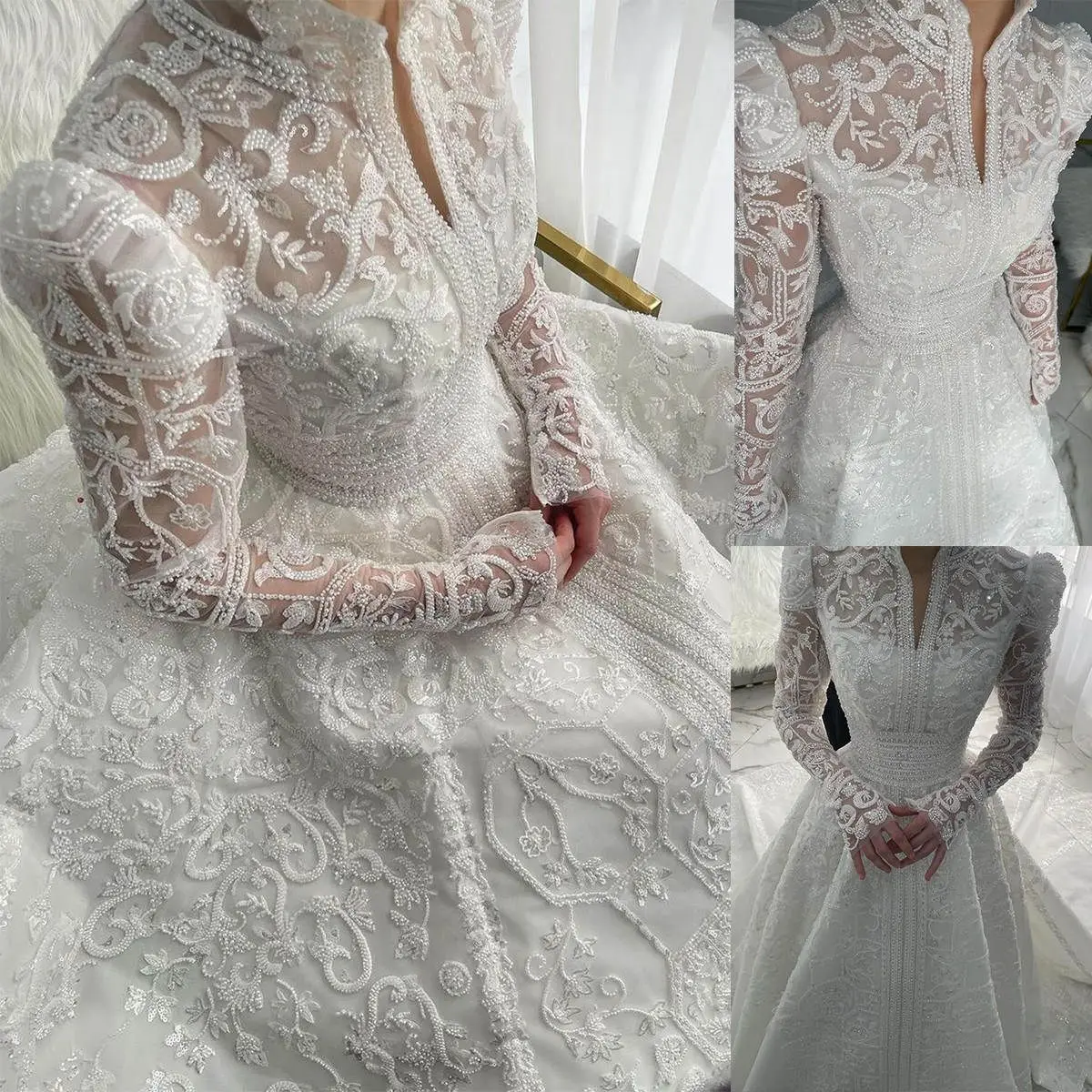 Maßgeschneiderte Pailletten-Brautkleider mit Perlenbesatz, Hochgeschlossene Brautkleider, Muslimische Langarm-Hochzeitskleider mit Perlen