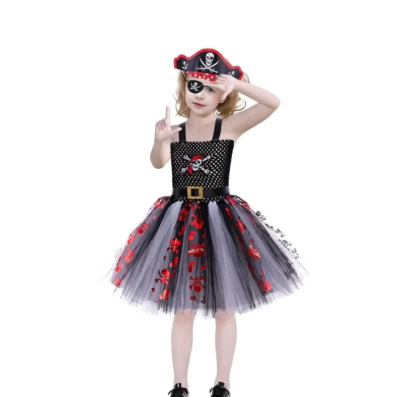 New Style Children's Halloween Pirate Skull Head Mesh Kids Girl Cosplay Costumes Caribbean Cos Cloth Hat Mask