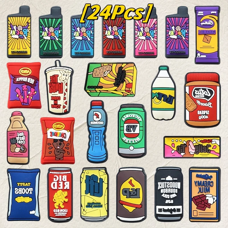 

24Pcs New Design Cartoon Drink PVC Soft Shoe Charm Food Fashion Bag Accessories Australia Snacks Button Decor Party Gift