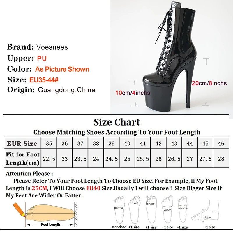 Concise Solid Black Sexy Pole Dance Shoes 20cm Fetish Stripper Platform Ankle Boots Super High Heels Ladies  Lace-up High Heels