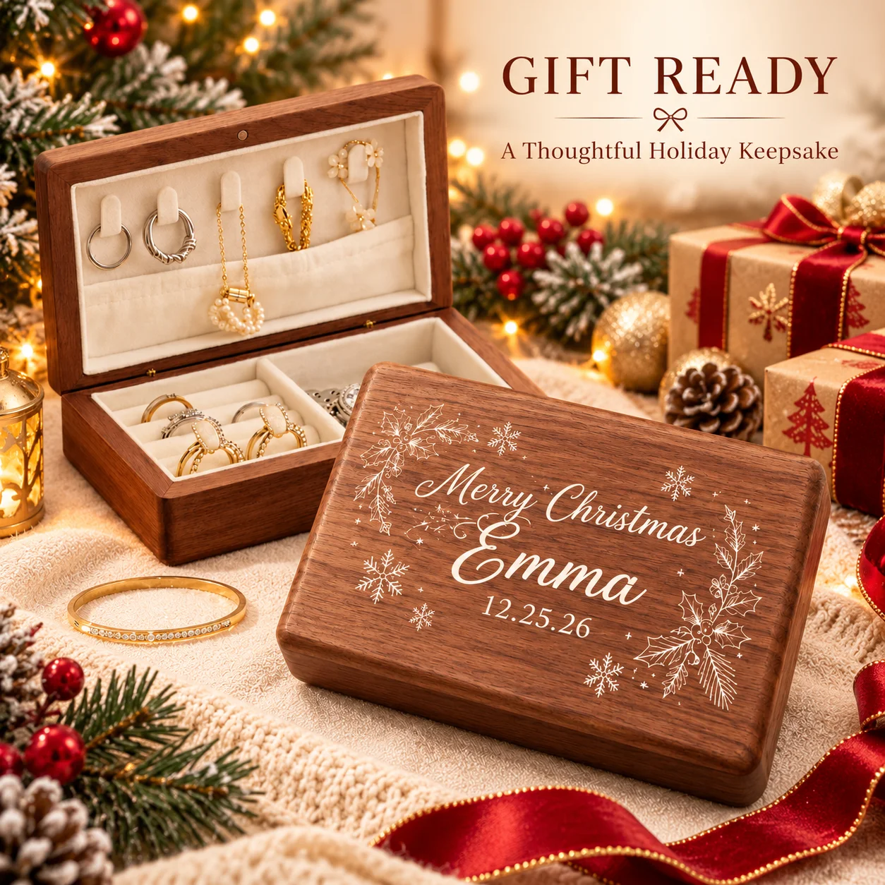 Custom Engraved Walnut Color Jewelry Box, Portable Travel Jewelry Organizer with Soft Velvet Lining for Anniversary and Birthday
