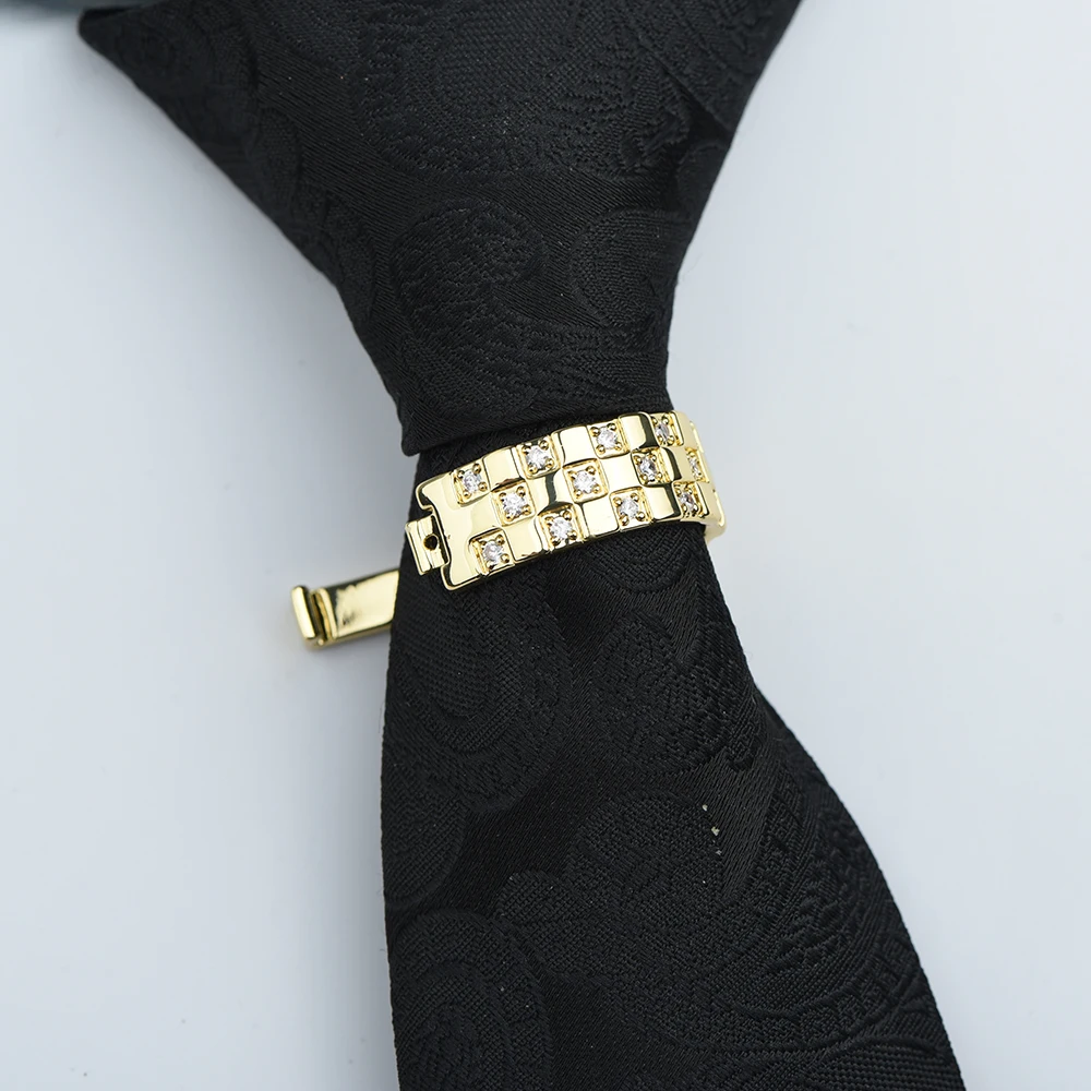 ICEYY Square Grid Crystal Tie Clip Tie Ring for Man Luxury Zircon D-shaped Buckle Ring Wedding Business Jewelry Accessories