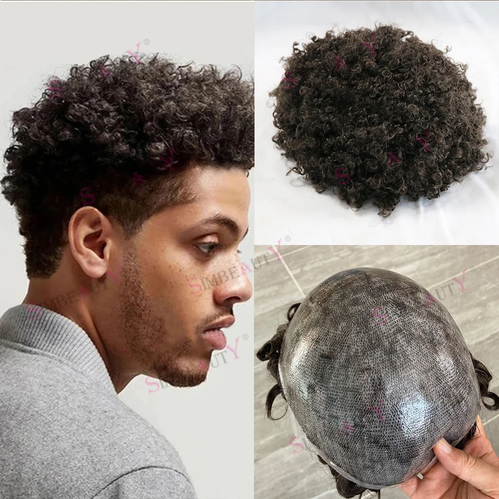 8mm Natural Hairline Toupee Black Human Hair Men's Afro Kinky Curly Capillary Prosthesis System Male Fully Poly Skin Hairpieces