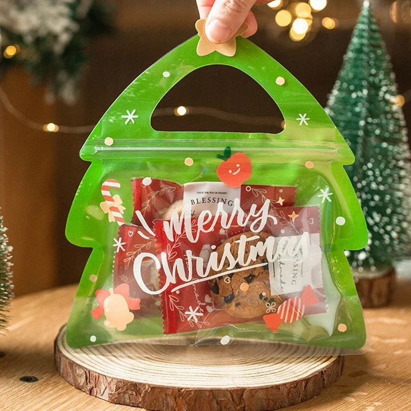 10pcs Candy Bags Christmas Gift Bags For Candy Chocolate Cookie Nougat Biscuit Packing Gift Tree Shape Self Sealing Storage Bag