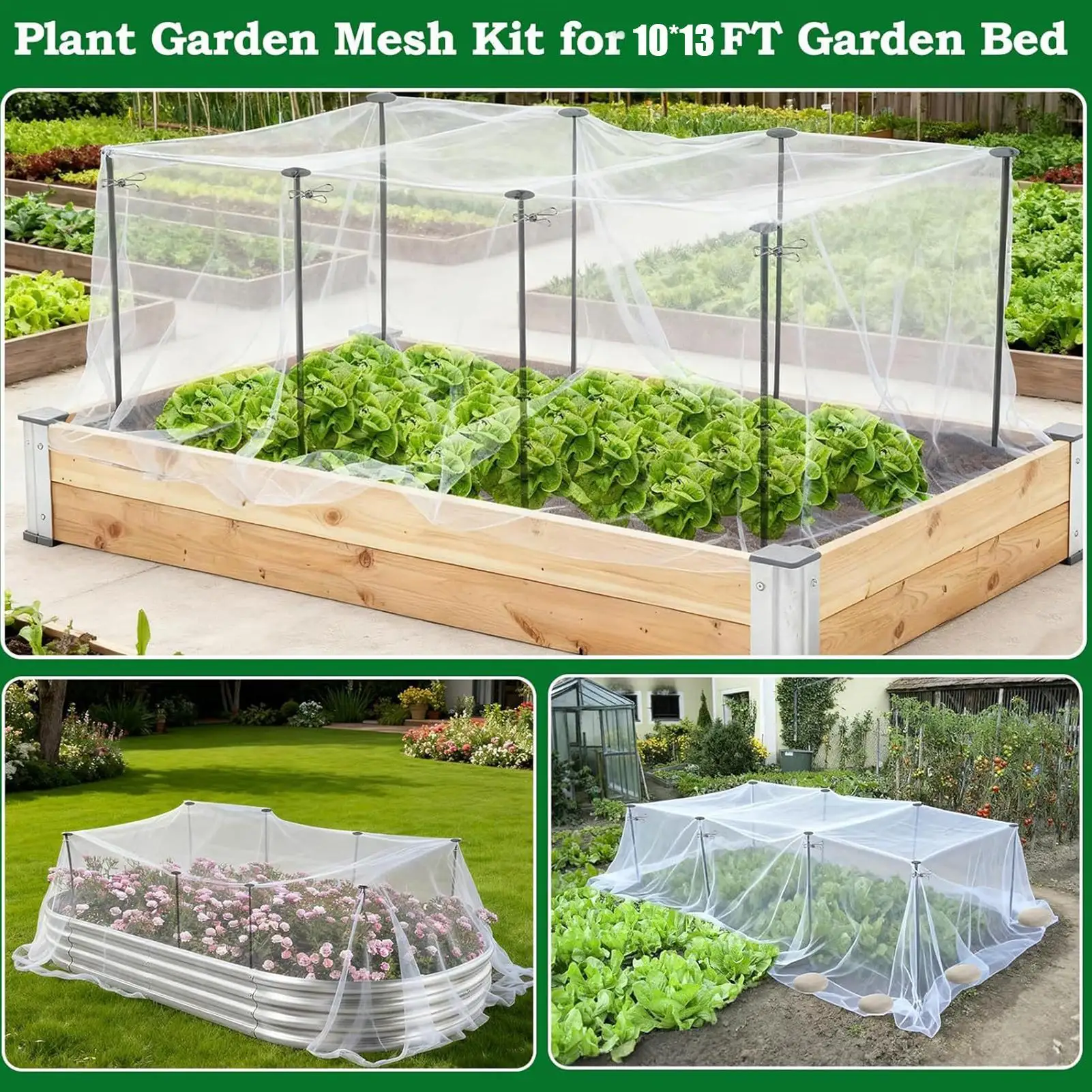 Garden Netting Kit Protective Barrier with Support Stakes Raised Garden Bed Netting Cover with Clips for Outdoor Planting