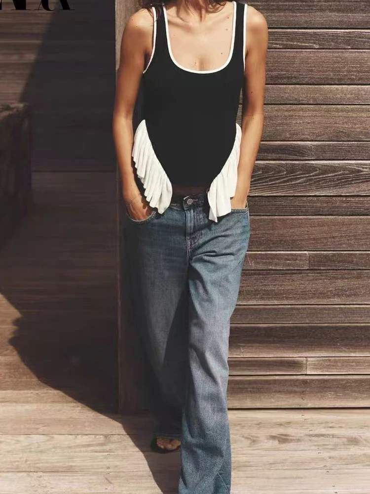 

European style new women's fashion all-match contrast color design warp knitted sleeveless round neck top
