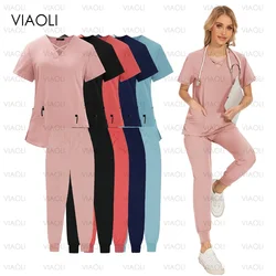 Summer Casual Uniformes Clinicos Mujer Nurse Uniforms Woman Short Sleeve V Neck Top Scrubs Jogger Pants Medical Scrubs Set Women