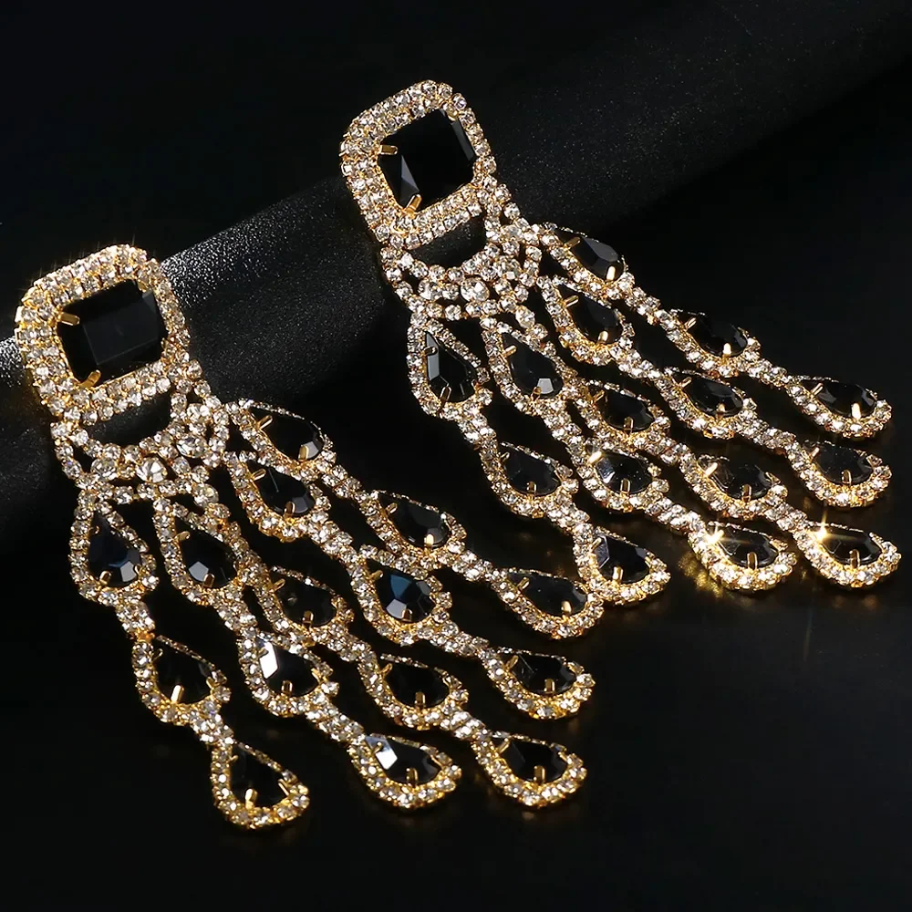 Elegant Bridal Black Crystal Tassel Earrings Large Pendant for Women Bling Water Drop Exaggerated Dangle Earrings Party Jewelry