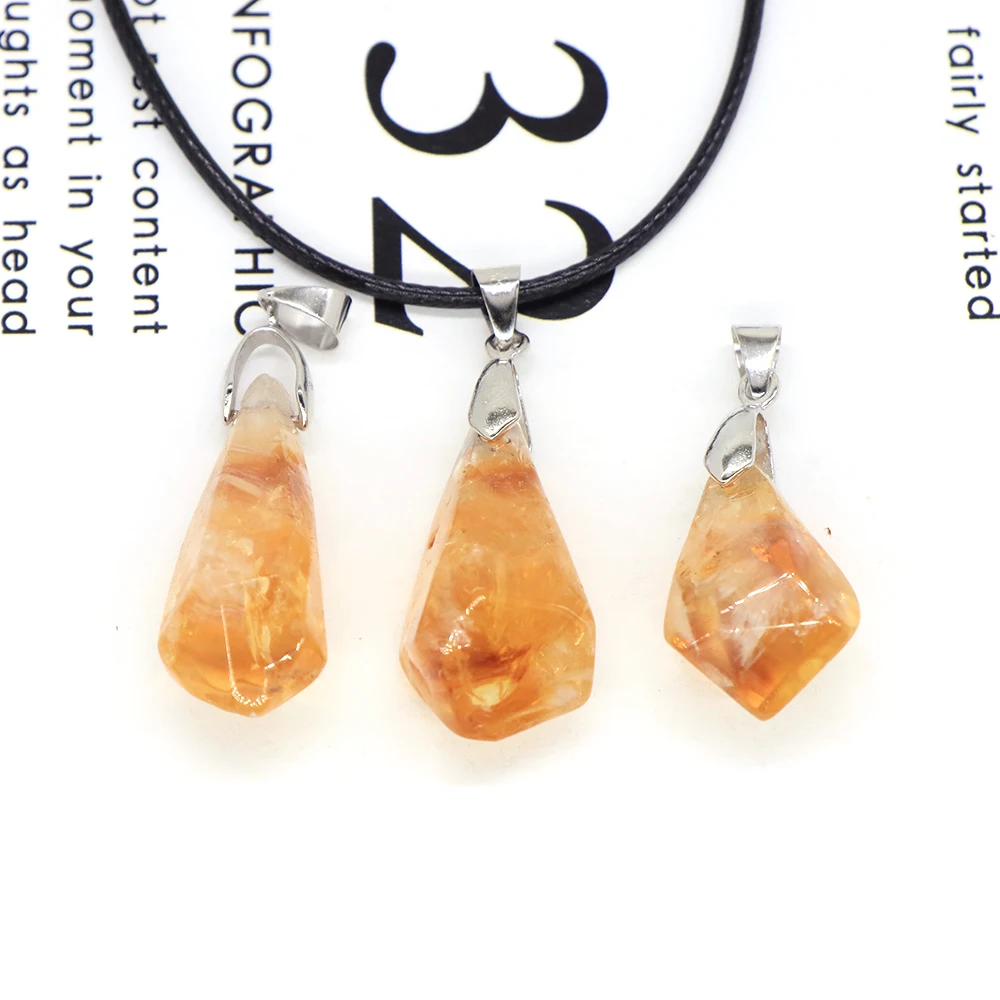 Polishing Brazil Citrine Charm Pendant Natural Crystals Healing Stones Amethyst Leather rope Necklace DIY Jewelry Making Beads