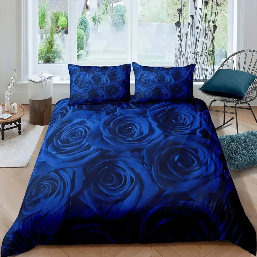 Blue Rose Floral Flowers Bedding Set Boys Girls Twin Queen Size Duvet Cover Pillowcase Bed Kids Adult Fashion Home Textileextile