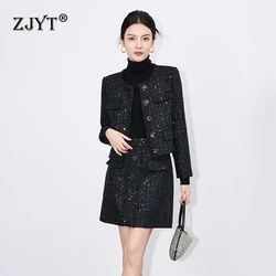 ZJYT Autumn Winter Sequined Tweed Jacket and Skirt 2 Piece Clothing Sets Elegant Office Lady Party Outfit Fashion Suits Black