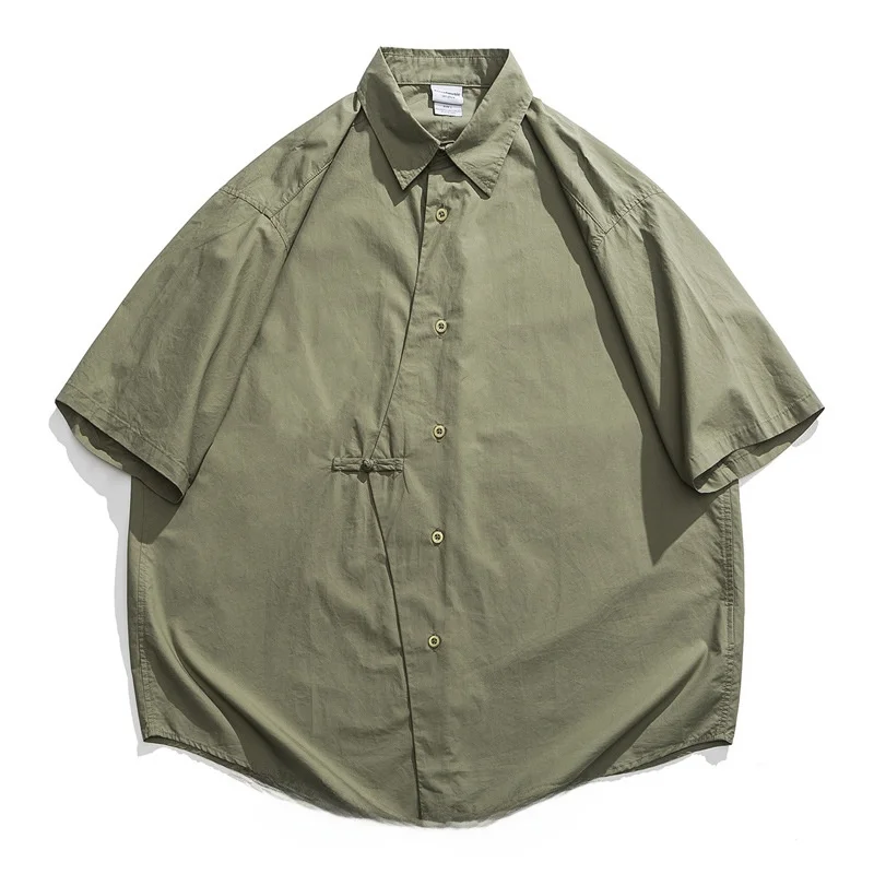 

Retro Japanese Style Loose Fit Cotton Short Sleeve Shirt Men's Casual Fashionable Five-Button Placket Pure Color Summer Shirt