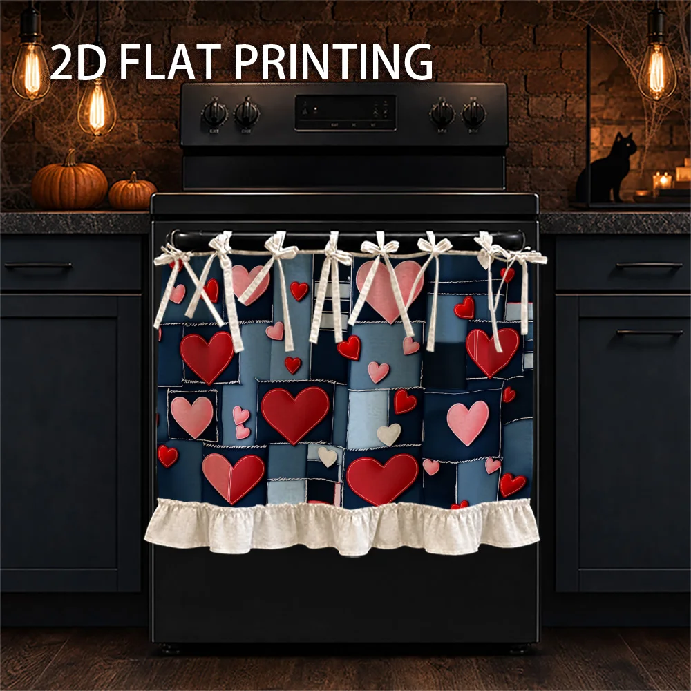 1PC kitchen stove curtain, cabinet curtain and apron. Featuring a 2D graphic design with red and pink hearts on a blue patchwork
