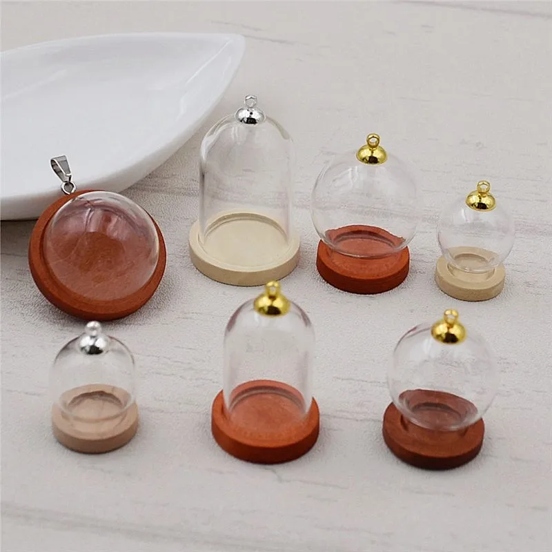 6pieces 38*25mm Tube Glass Bottle Globe Wood Setting Base Beads Cap Glass Ball Vial Dome Cute Jewelry Charms Pendant DIY