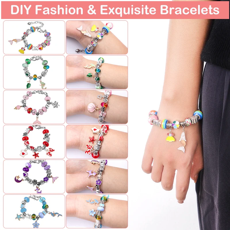 DIY Bracelet Making Kit Jewelry Making Accessories Kit with Beads, Pendant Charms, Bracelets and Necklace String for Girls