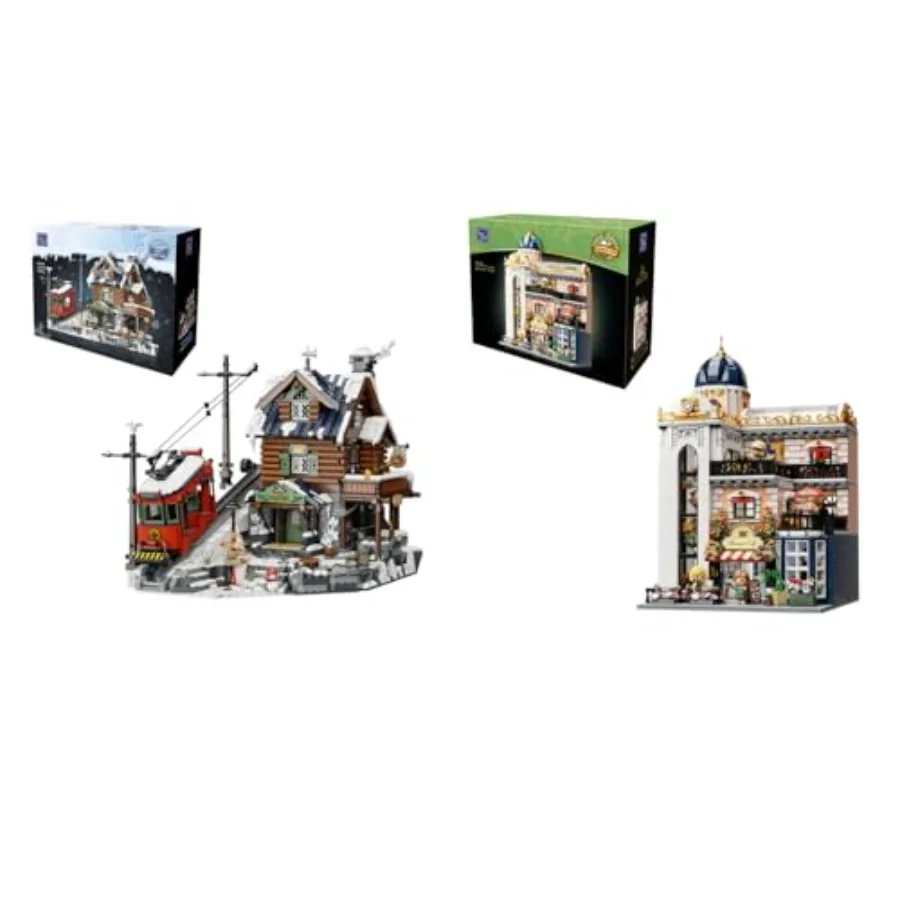 

Winter Alpine Ski Lodge European Blossom Cafe Building Blocks Set 3-Story Mountain Cabin with Cable Car, Snow Scenes, Glasshous