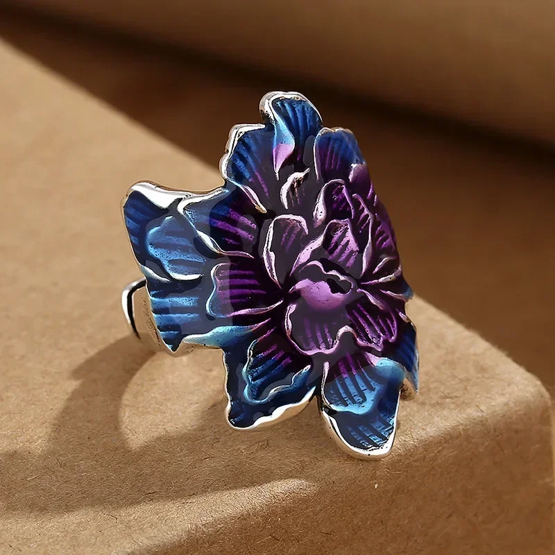 Vintage Ethnic Style Enamel Fired Blue Peony Flower Adjustable Ring for Women Fashion Floral Luxury Party Vacation Jewelry Gifts