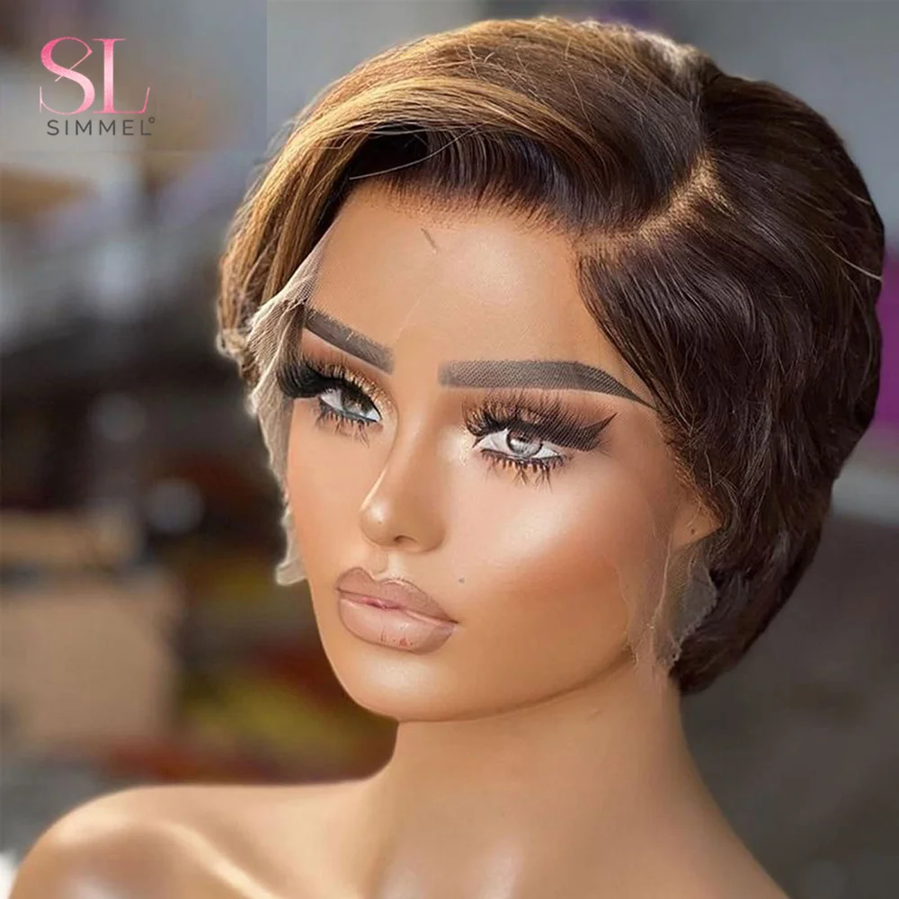 Short Bob Wig Pixie Cut Wig Straight Human Hair Wigs T Part Transparent Lace Wigs For Women Highlight Straight Wig Human Hair