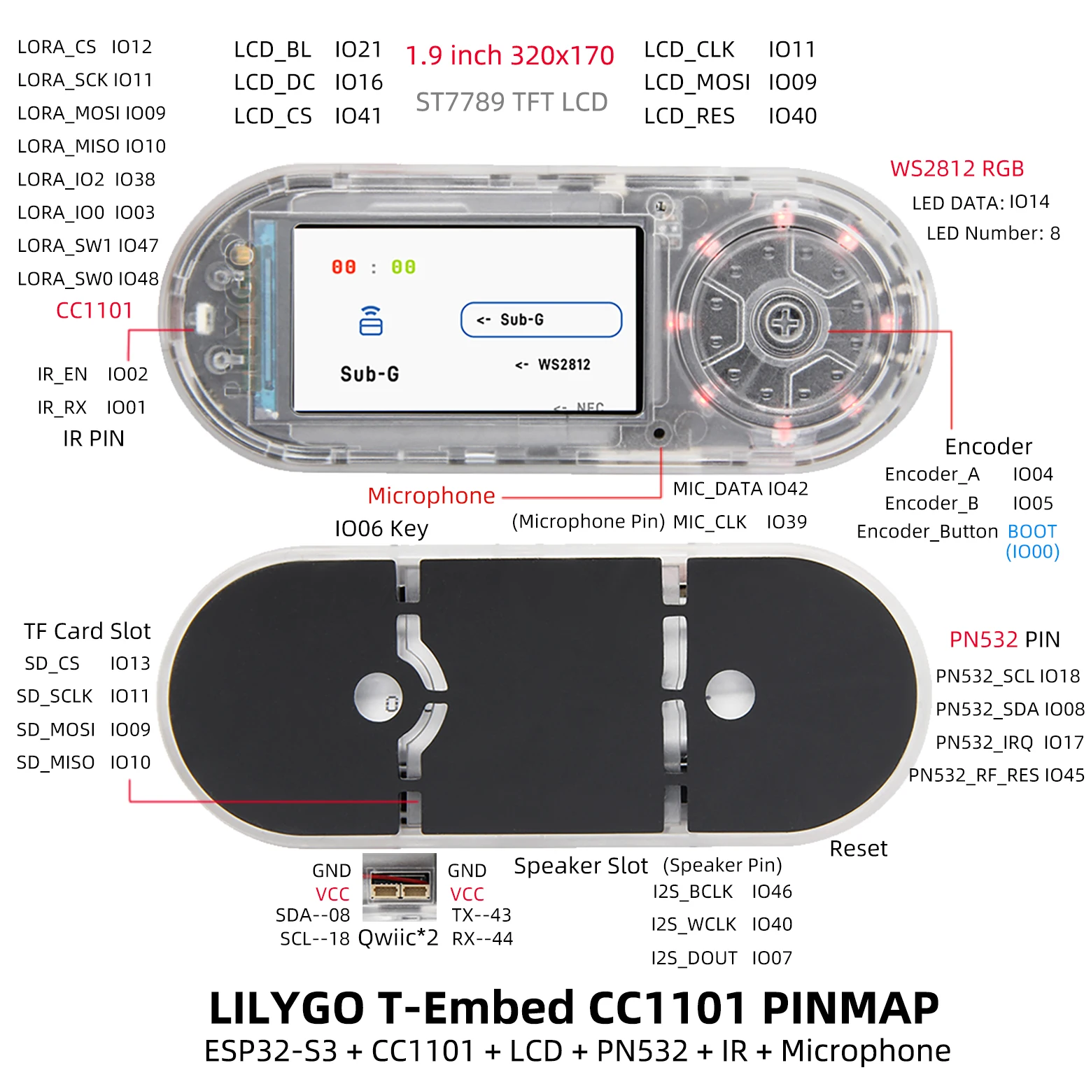 T-Embed CC1101 ESP32-S3 منخفضة الطاقة الفرعية 1 جيجا هرتز جهاز الإرسال والاستقبال الترددات اللاسلكية PN532 NFC تتفاعل I2C وحدة لوحة ال سي دي المدمج في بطارية 1300 مللي أمبير