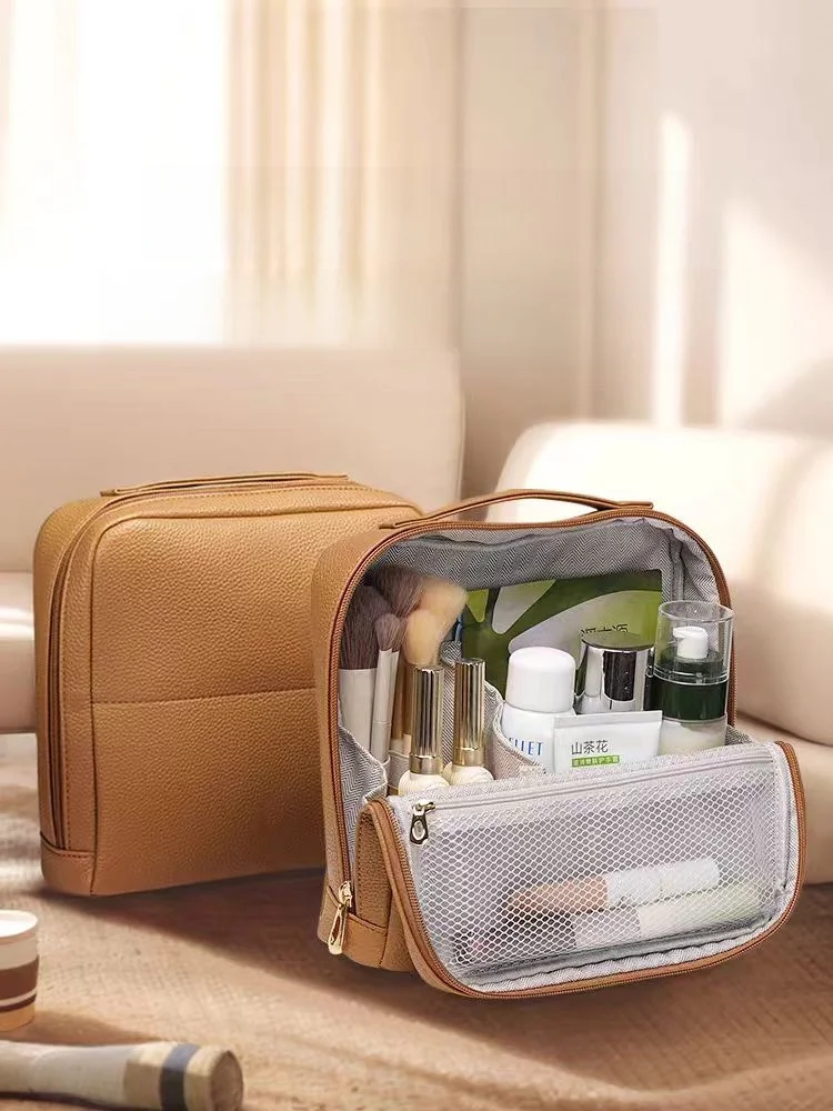 Bolsa de Maquillaje Vertical para Colgar en el Maletín, Tamaño Pequeño para Mujer, Almacenamiento Multifuncional en Capas, Color Marrón Retro, para Viajes de Negocios