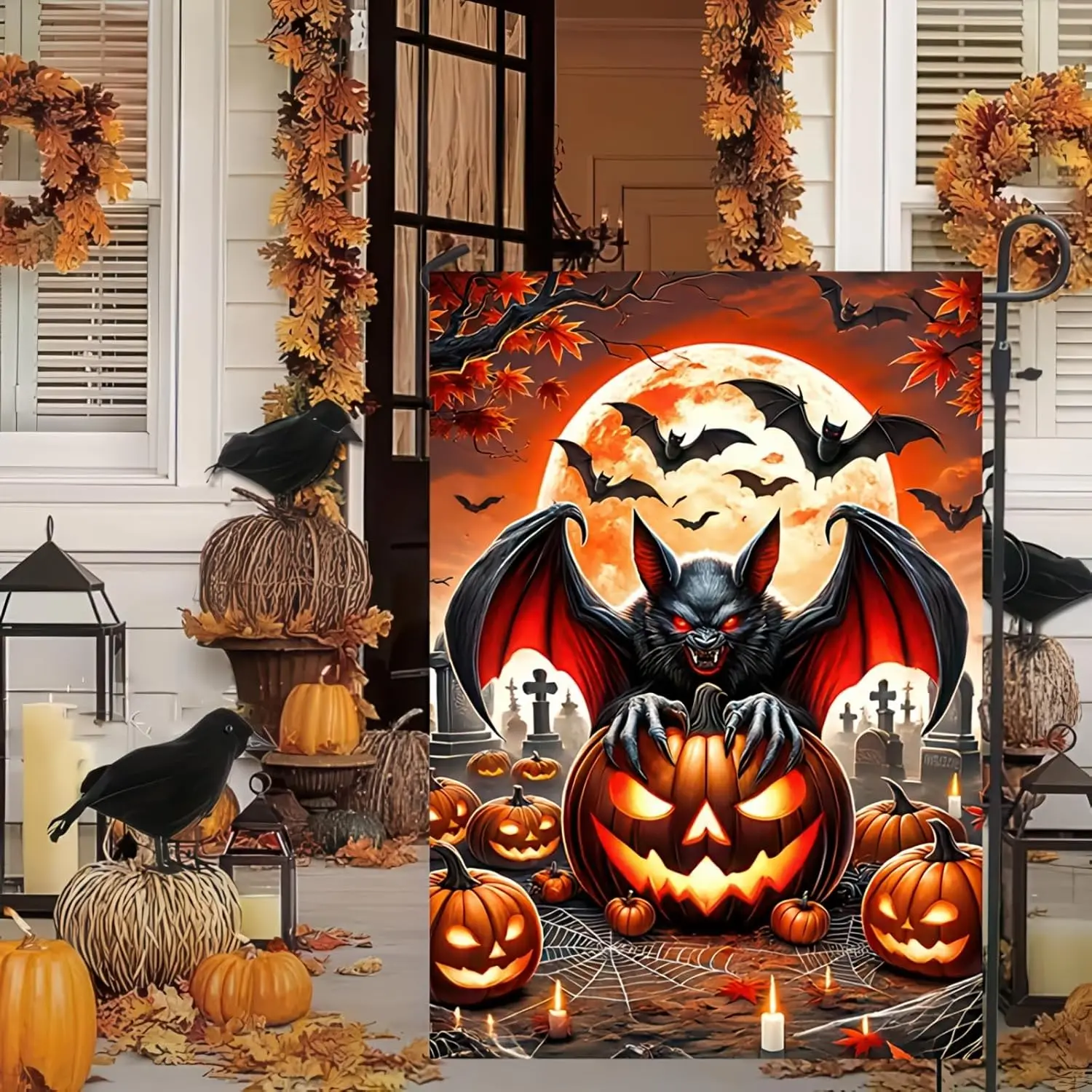 Halloween Garden Flags 12x18 Double Sided Vertical Flag Halloween Fierce Bat Jack o lantern Garden Flag Pumpkin Bat Outdoor Deco