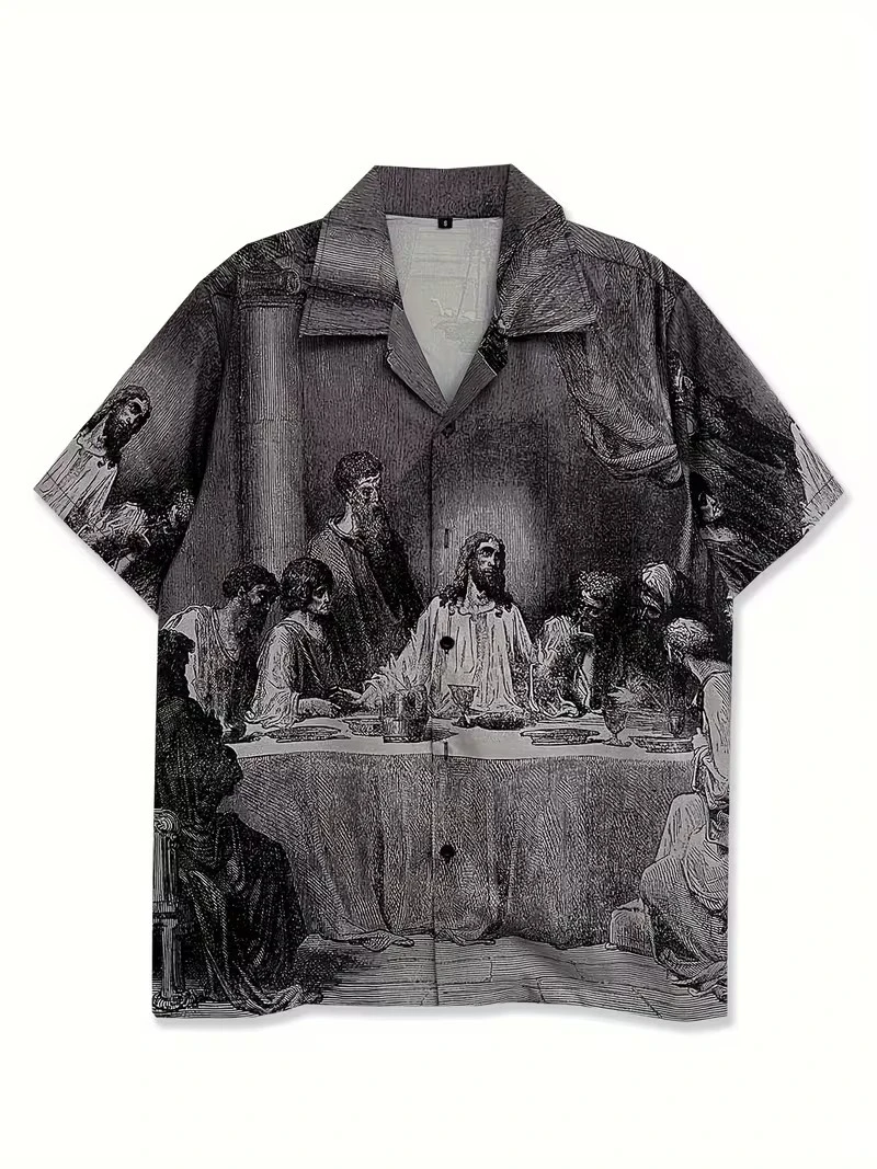

Mens Hawaiian Shirt Vintage Jesus Art Print Short Sleeve Breathable Casual Summer Beach Vacation Blouses Streetwear Fashion Tops