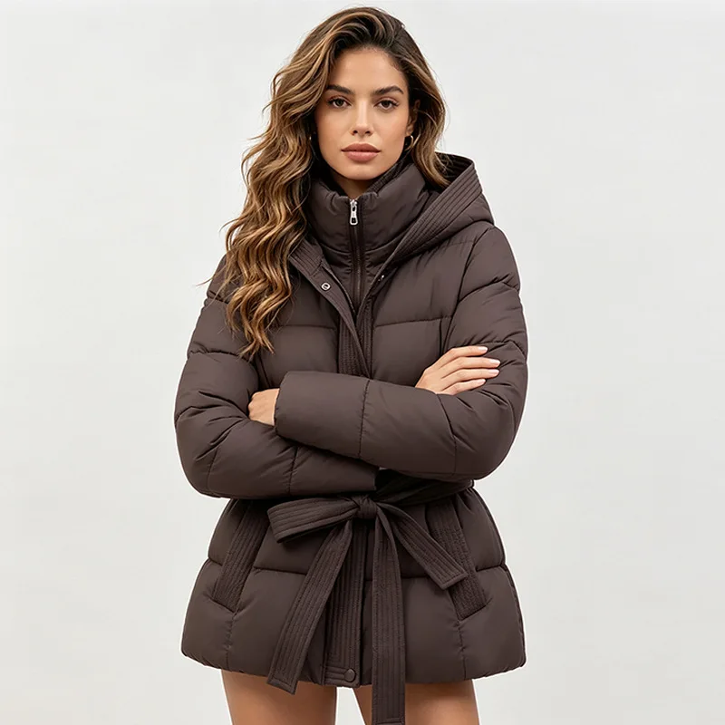 Women Mock Two-piece Hooded Lace Up Parkas Coat Autumn Winter Female Thicken Warm Padded Jacket 2026 Outwear Overcoat Clothing