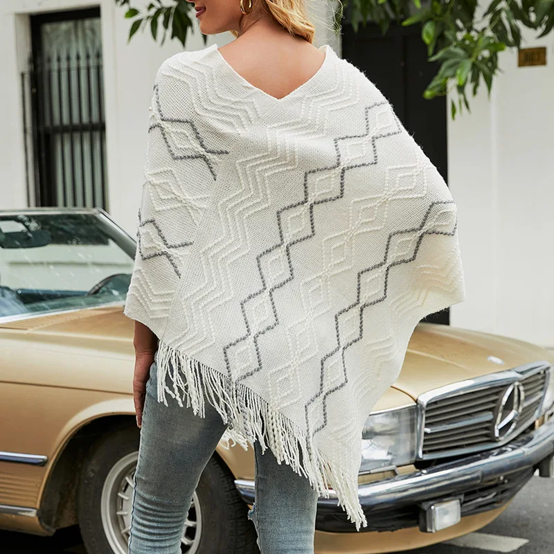 Autumn and Winter New Women's Clothing Wave Striped Cape Tassel Shawl Jacket Women's Knitted Pullover Shawl