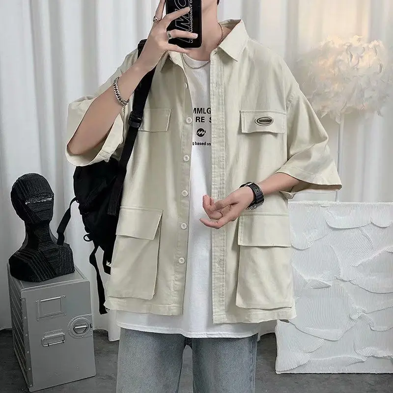 Shirts for Men with Pocket Cargo Man Shirt Loose Korean Style Casual Asia Cool Hipster Original Half Sleeve Normal Collar I Xxl