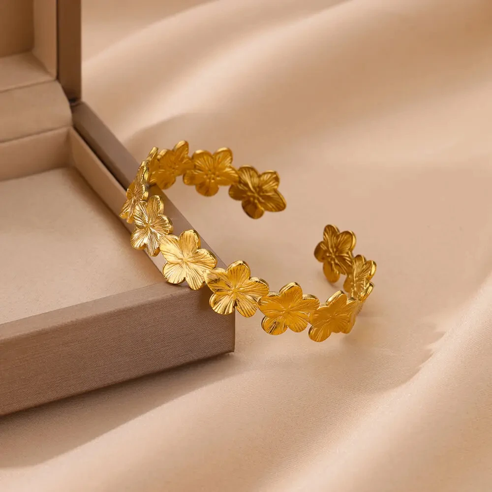 

316L Stainless Steel Carving Flower Gold Color Opening Bracelet For Women Men Wide Bangle Opening Punk Cuff Jewelry New Trend