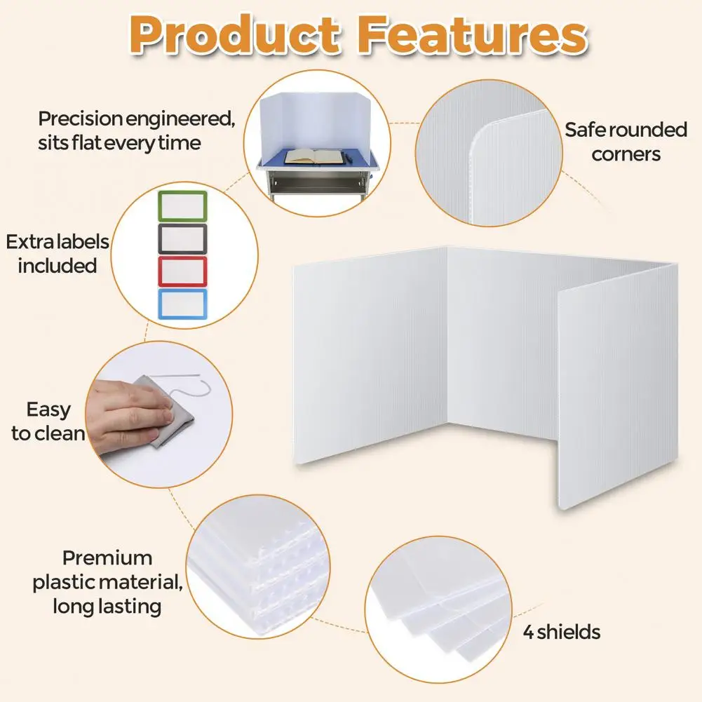 Bouclier de confidentialité de salle de classe pour bureaux d'étudiants, diviseur de bureau en plastique réutilisable pliable, carrel d'étude, garde de test d'éternuement, 4 pièces