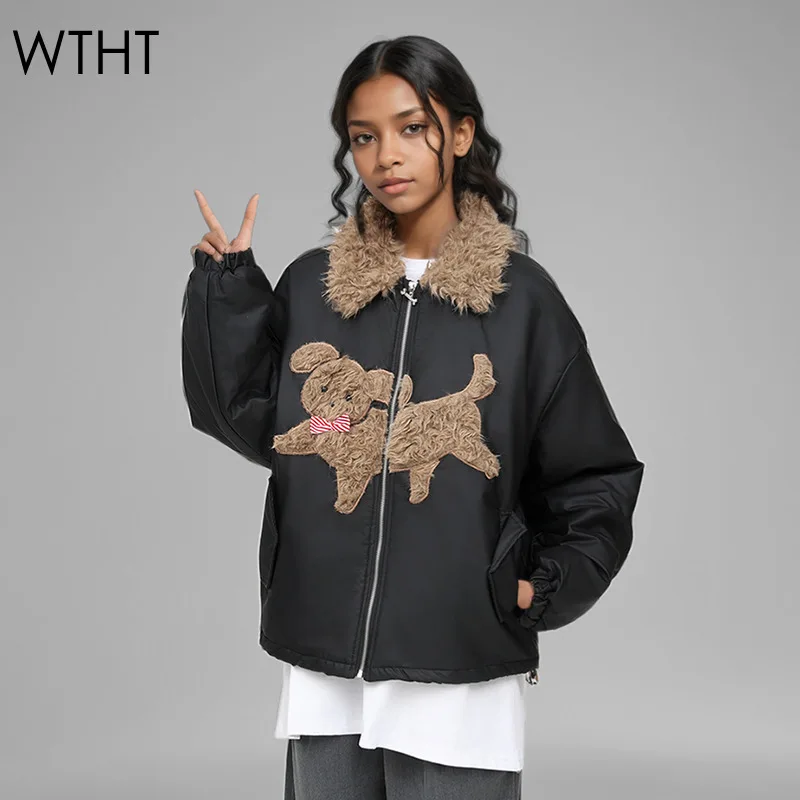 WTHT Vintage Spliced Plush Dog Design Warm PU Leather Coat 2024  Winter Fur Collar Zipper Long Sleeves Jacket Female 1LS371