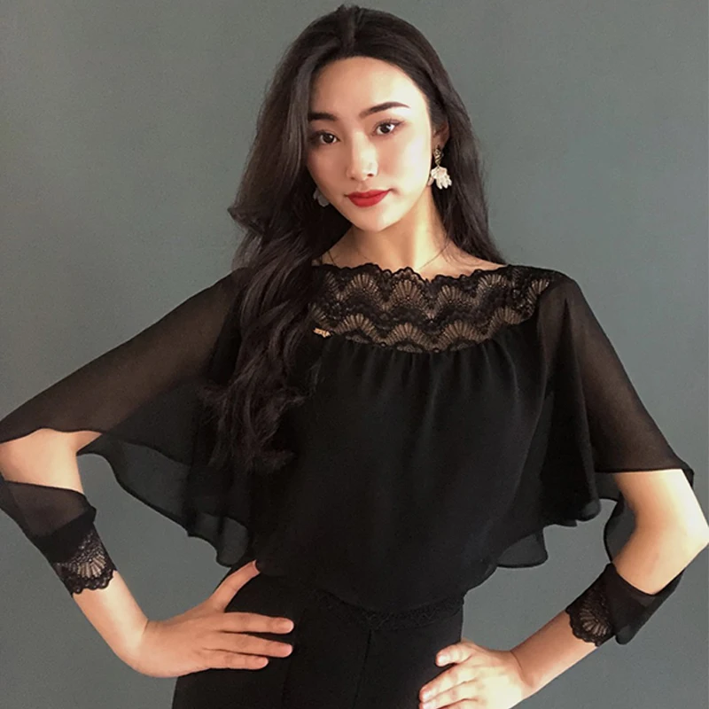 Ballroom Dance Clothes Black Lace Tops Women Long Sleeves Flowing Mesh Waltz Dance Costume Tango Performance Dancewear BL12881