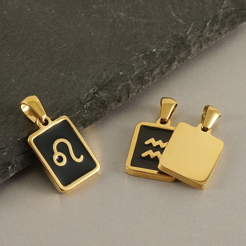 Stainless Steel 18K Gold Plated 26 A-Z Initials Square Black Base Constellation Pendant For Women Necklace Jewelry Wholesale