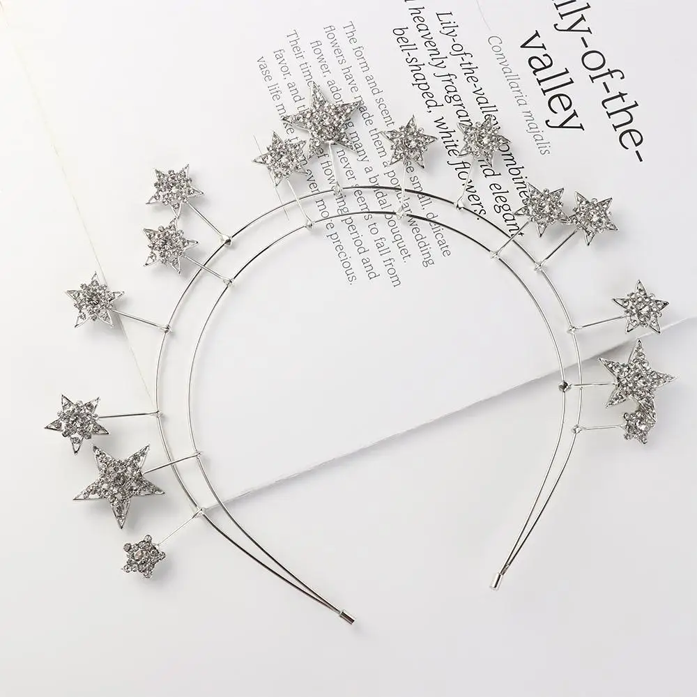 Elegant Metal Star Hair Hoop Silver Princess Halo Crown bilayer Rhinestone Baroque Hairbands Hair Accessories