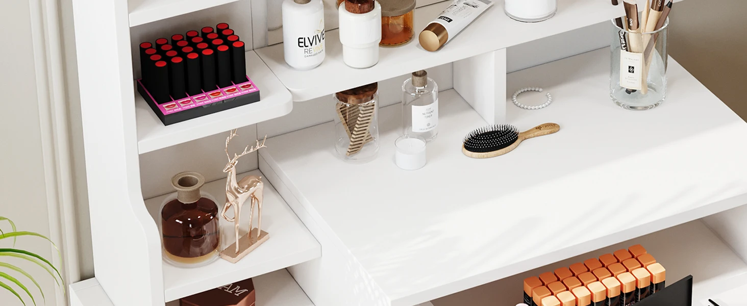 White vanity table with shelves displaying cosmetics, brushes, and beauty products. Includes lipstick organizer, hairbrush, and decorative items on a clean, organized surface.