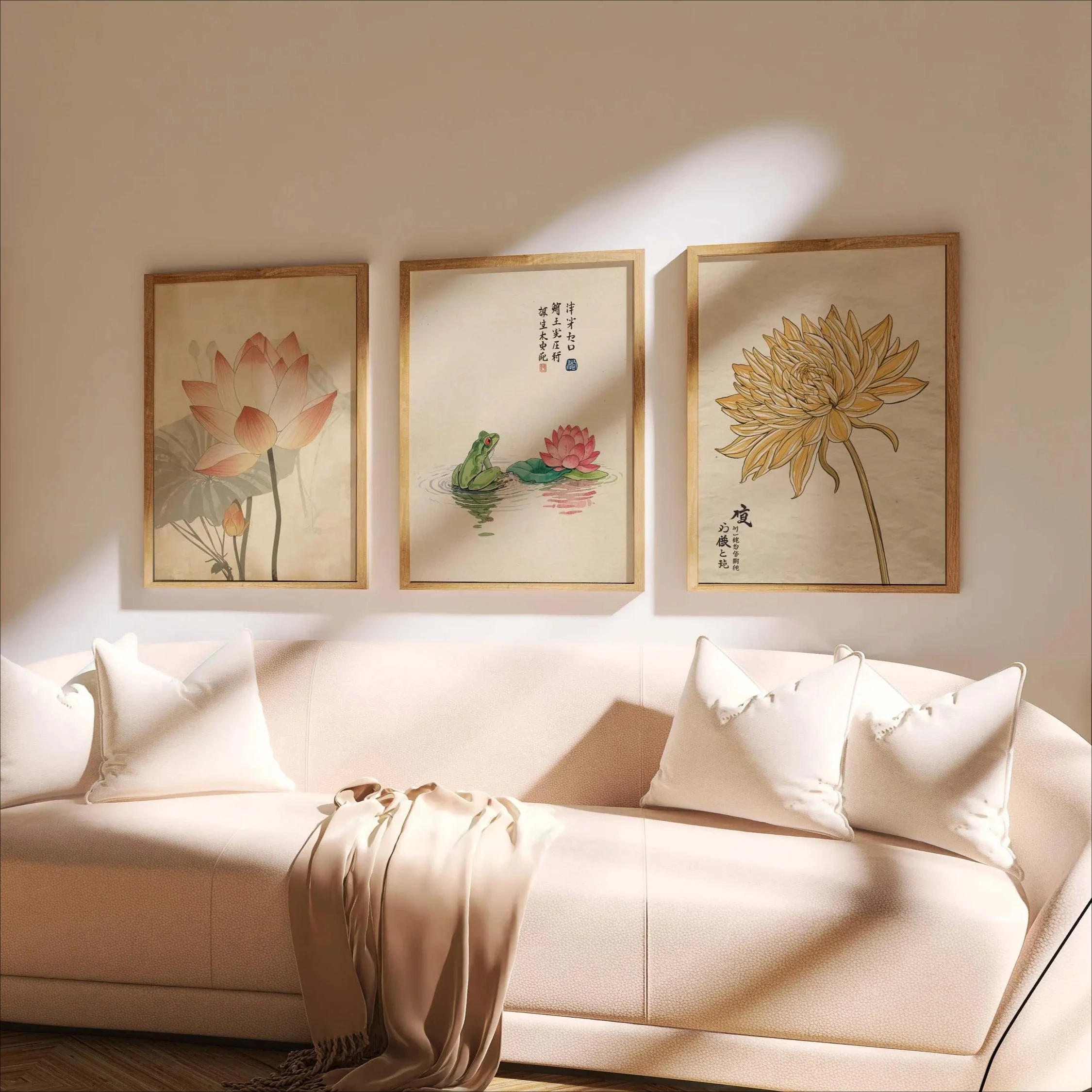 Japanese Lotus Wall Art Set of 3 Asian Botanical Print,Zen Floral Decor,Vintage Water Lily Artwork,Minimalist Home Decor Posters