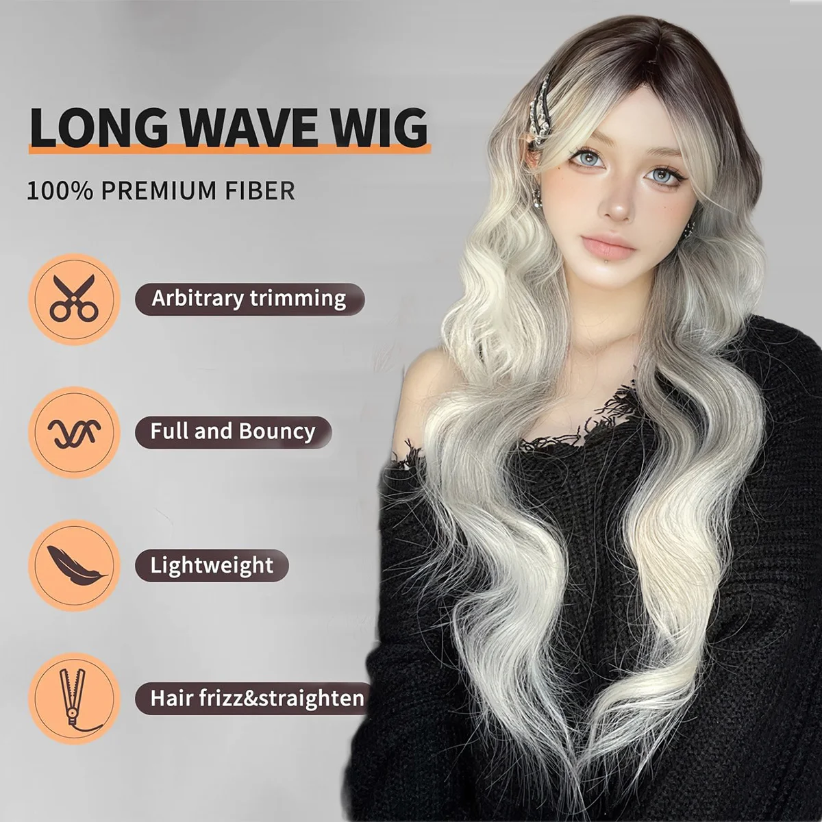 Cabelo ondulado longo e encaracolado com Franja para mulheres, marrom ombre e cinza, perucas sintéticas, cabelo natural com raízes escuras, festa diária de cosplay