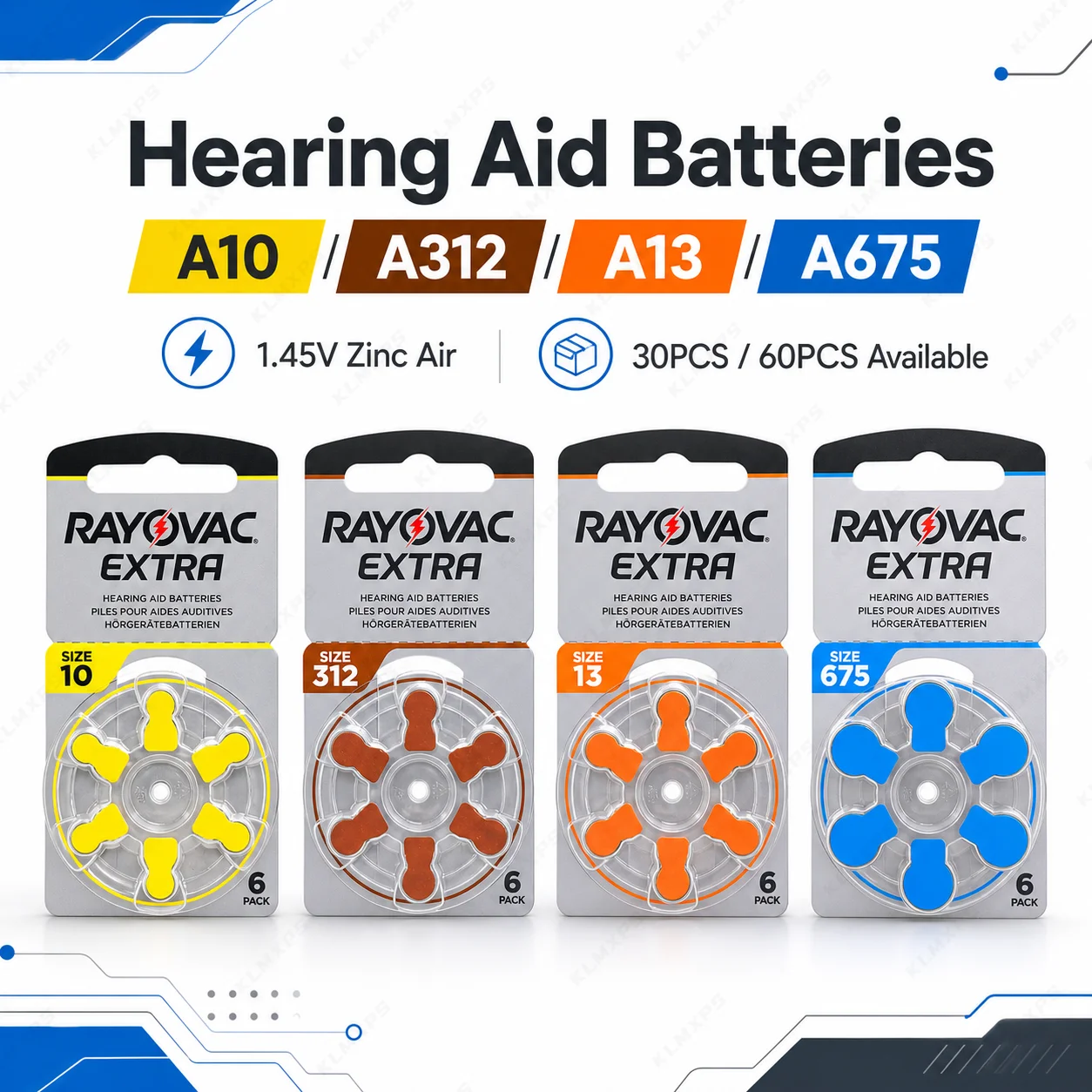 

A10 A13 A312 A675 Hearing Aid Batteries 1.45V Zinc Air Button Cell Battery 6pcs Pack for Hearing Aids 60pcs