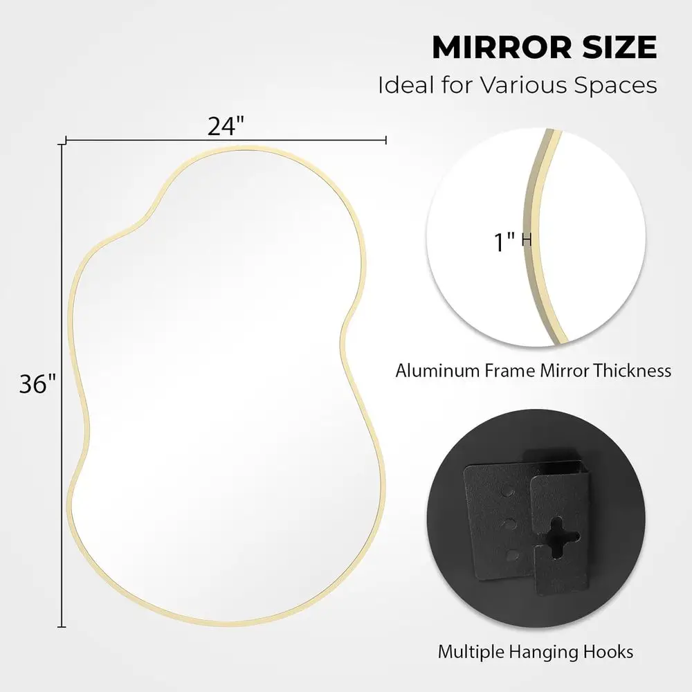 مرآة حائط غير متماثلة بإطار ذهبي معاصر، 36 × 24 لديكور المنزل