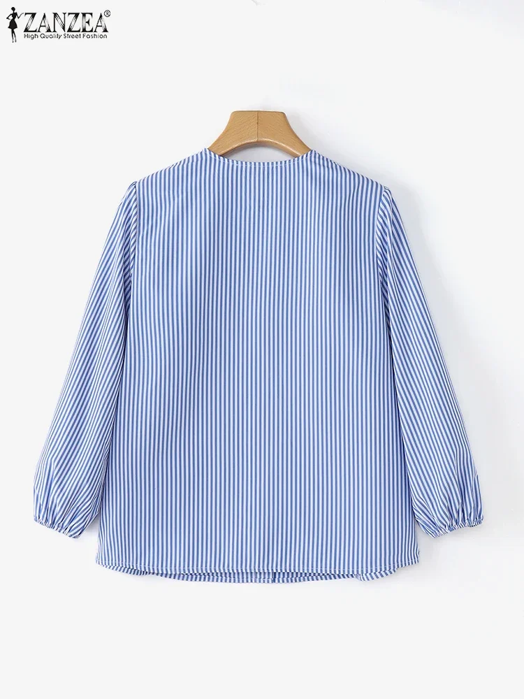 ZANZEA 2025 femmes rayé imprimé hauts vacances col rond automne Blouse longue lanterne manches tuniques mode coréenne boutons Blusas