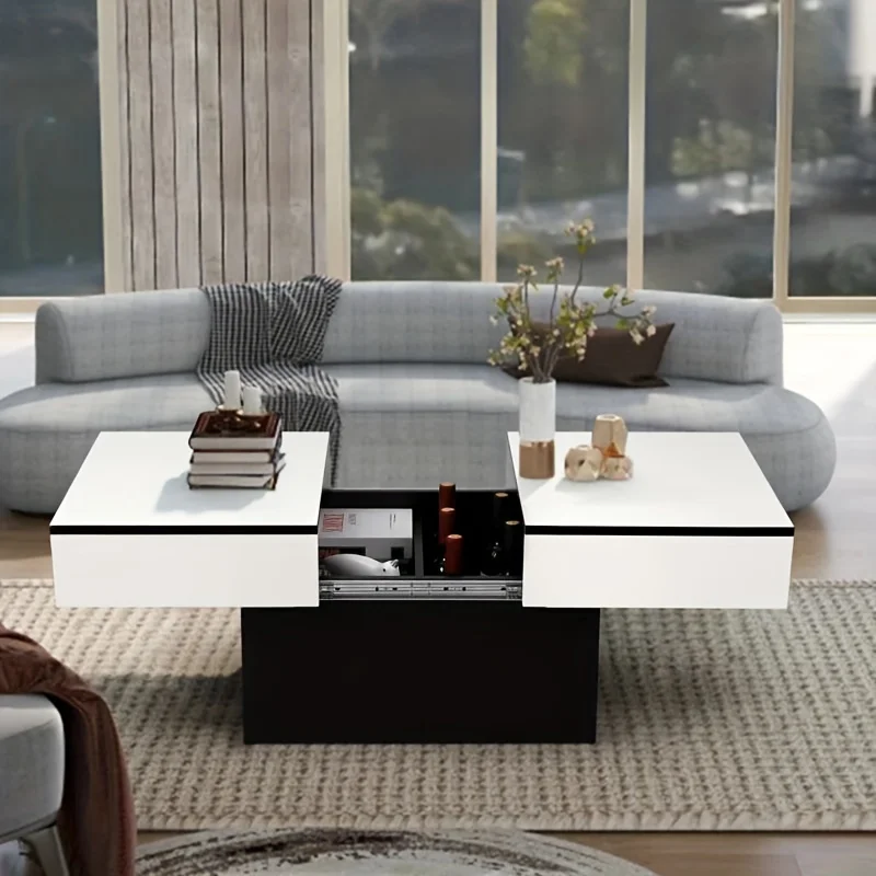 Modern Minimalist Center Coffee Table With Sliding Marble Countertop And Hidden Storage Space Living Room Furniture Decoration