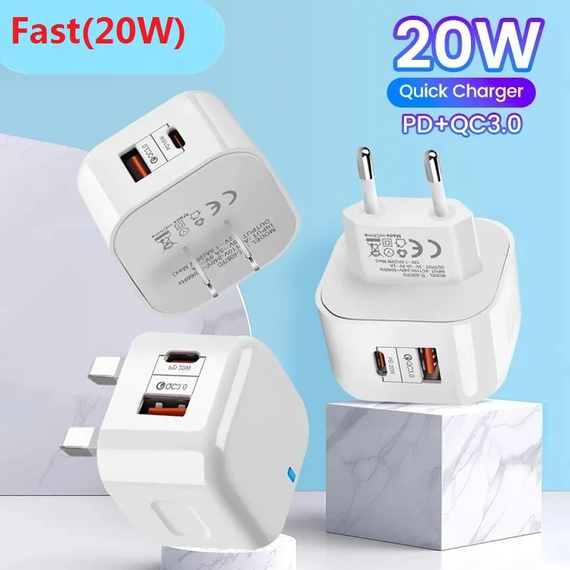 Dual Ports USB A  Type c USB-C PD Wall Charger 20W Fast Quick Charging Power Adapters For IPhone 13 14 15 Pro max Samsung htc lg